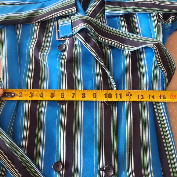 I N C Striped Trench Coat Womens Sz Small Blue Black Belted Buttons - Picture 7 of 12